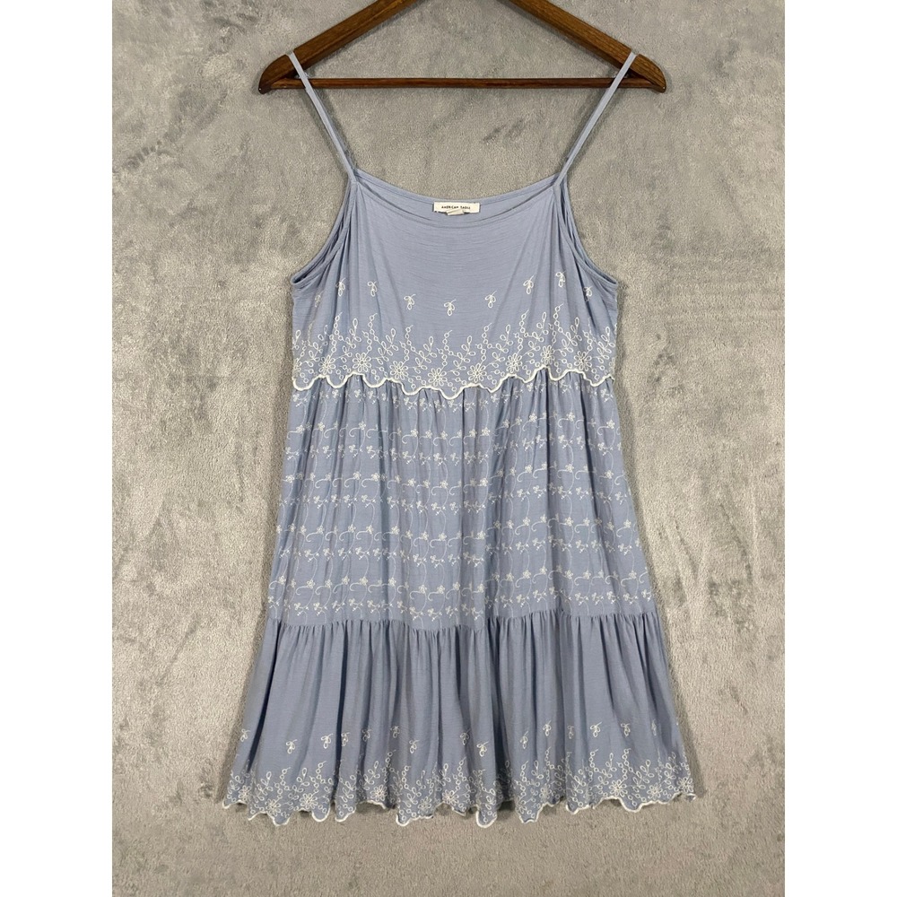 American Eagle Dress Sz M Blue‎ Floral Embroidered Tiered Boho Mini Beachy Flowy